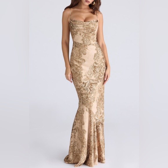 House of CB Nalani Floral Satin Burnout Gown Gold